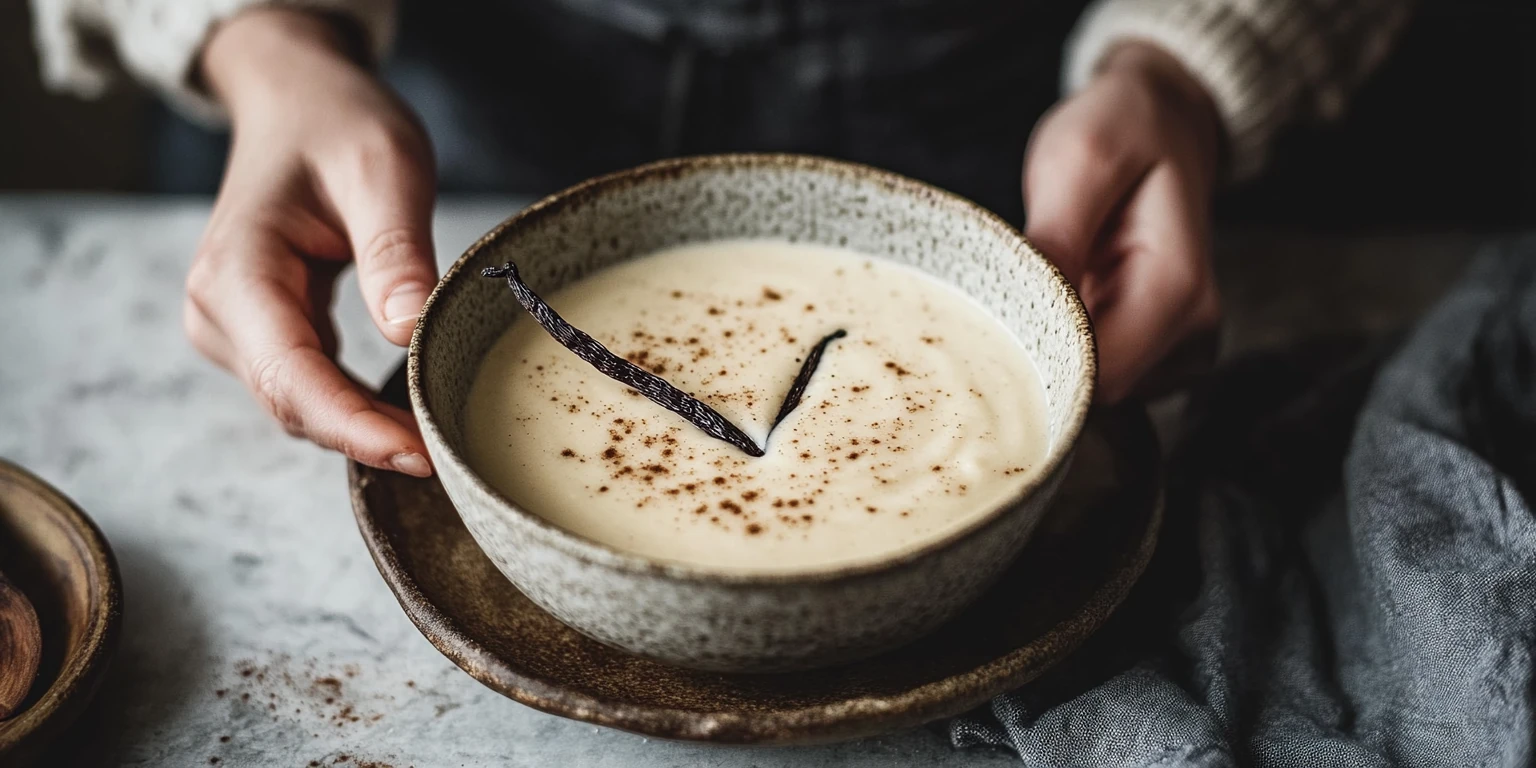 Vanillesauce mit gemahlener Bourbon-Vanille angerichtet