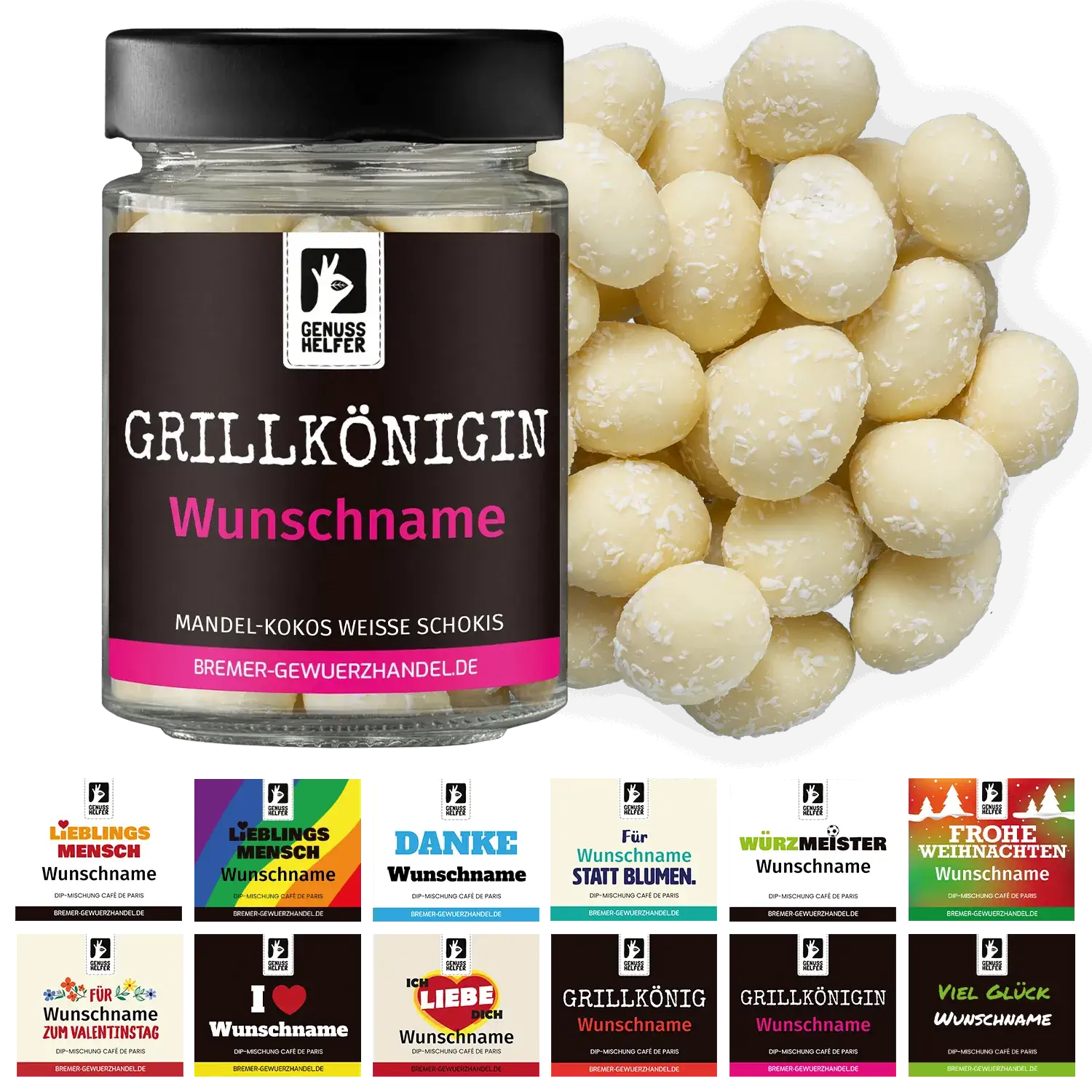 Geschenkglas: Weiße Mandel Kokos Schokis Saisonale Darstellung der weißen Schokis mit Mandel und Kokos – Grillkönigin