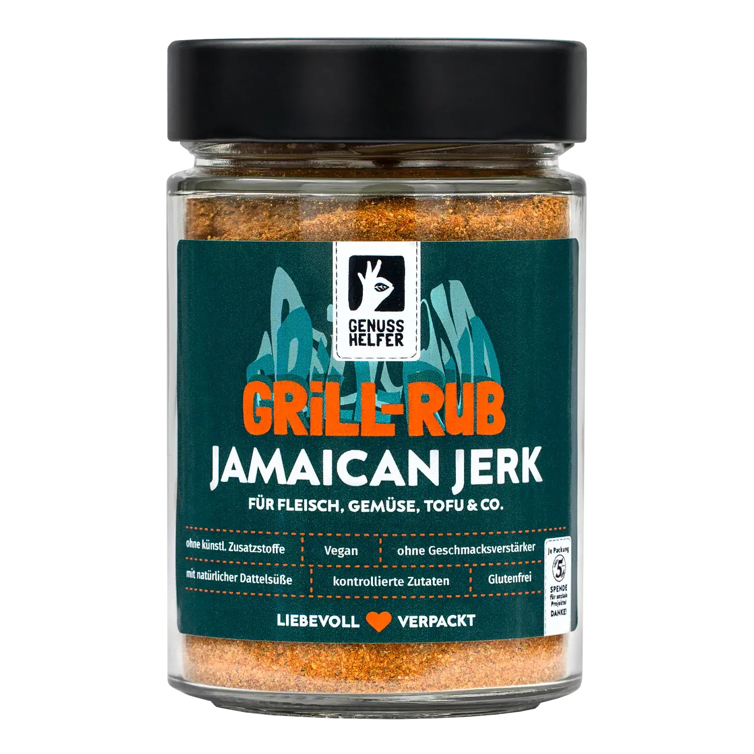 Jamaican Jerk Rub, im Glas Vorderansicht eines Glases mit Grill-Rub „Jamaican Jerk“