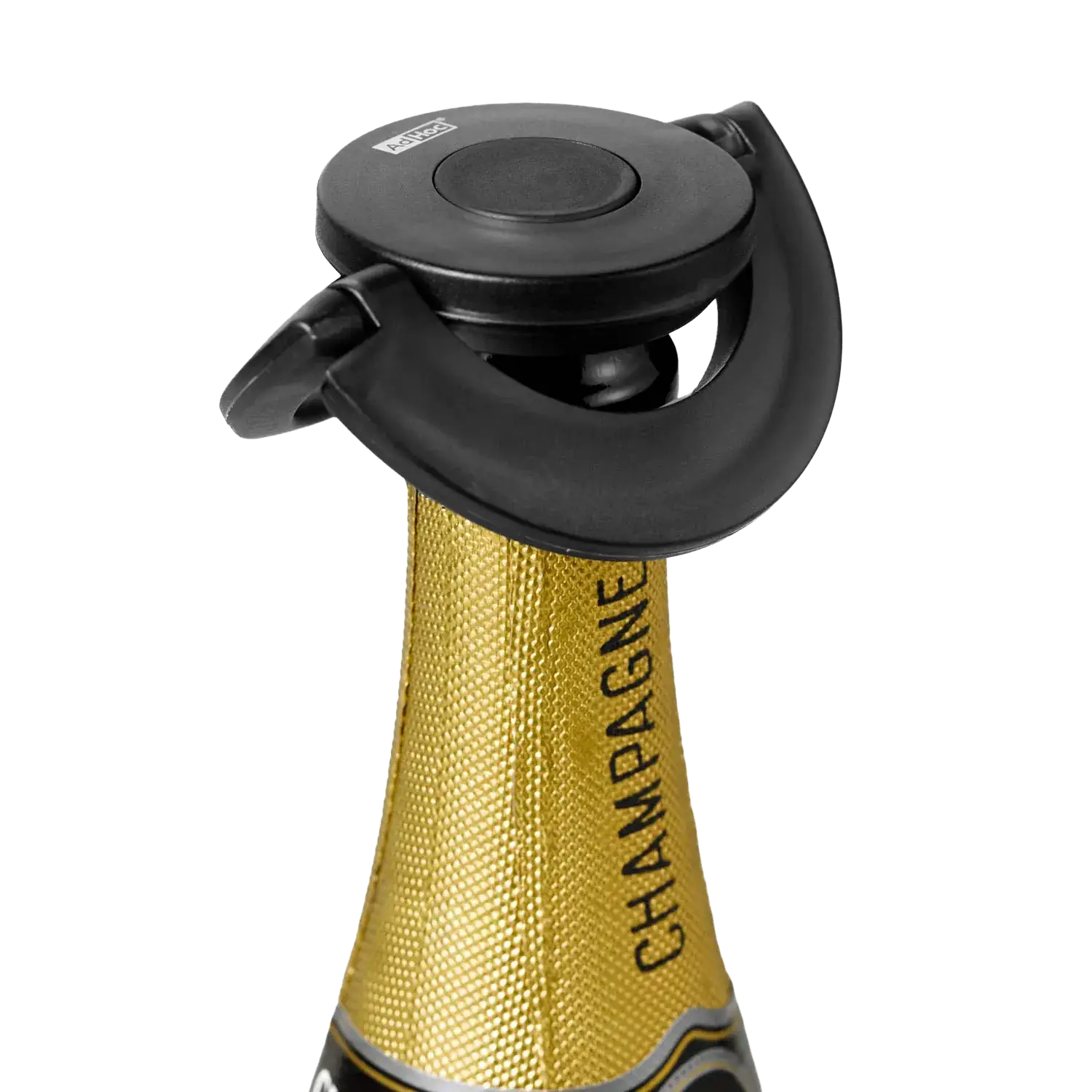 AdHoc Sekt- und Champagnerverschluss GUSTO, Schwarz Schwarzer Sekt- und Champagnerverschluss „Gusto“ auf einer Flasche