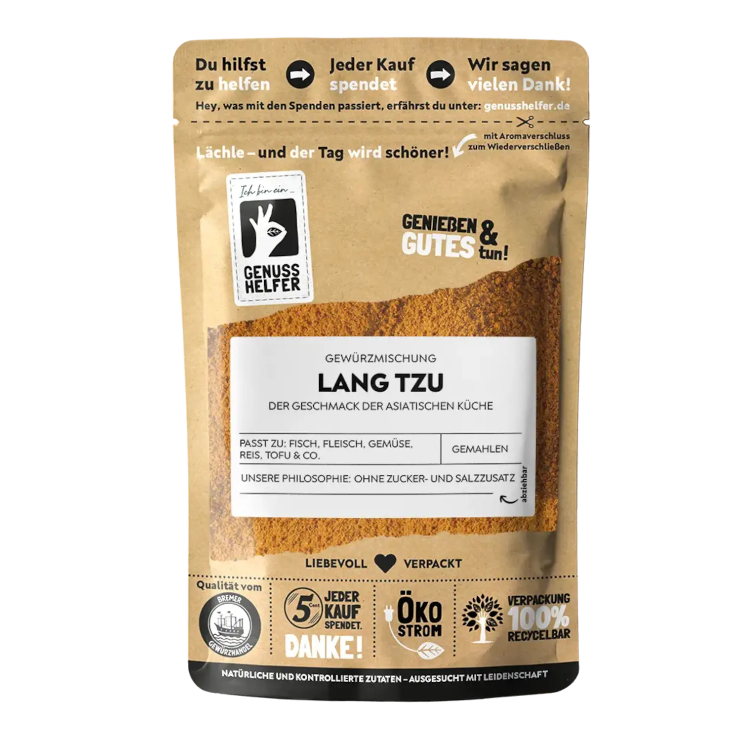 Lang Tzu, chinesische Gewürzmischung, gemahlen Vorderansicht eines Beutels mit gemahlener Asia-Mischung „Lang Tzu“