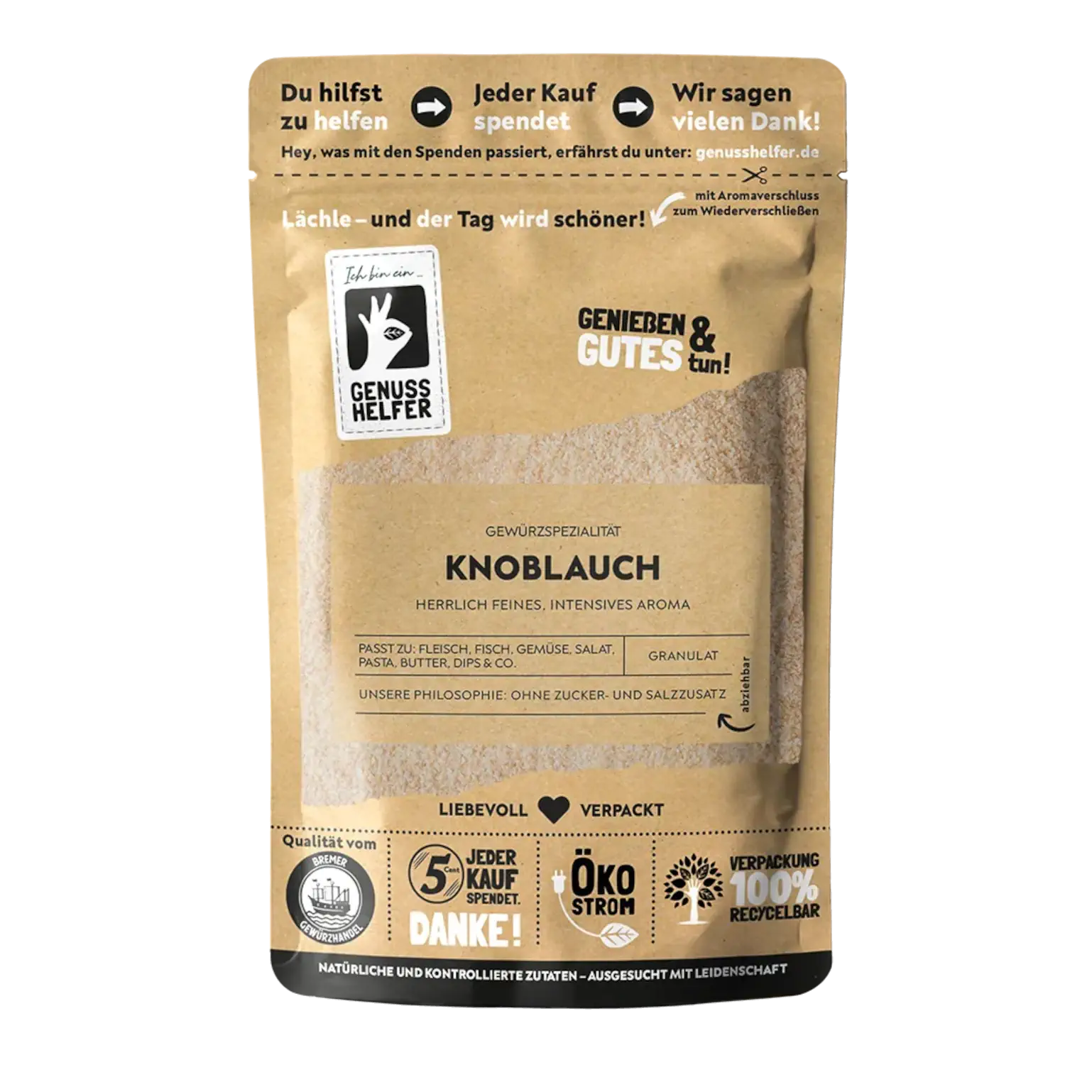 Knoblauchgranulat Vorderansicht eines Beutels mit Knoblauchgranulat