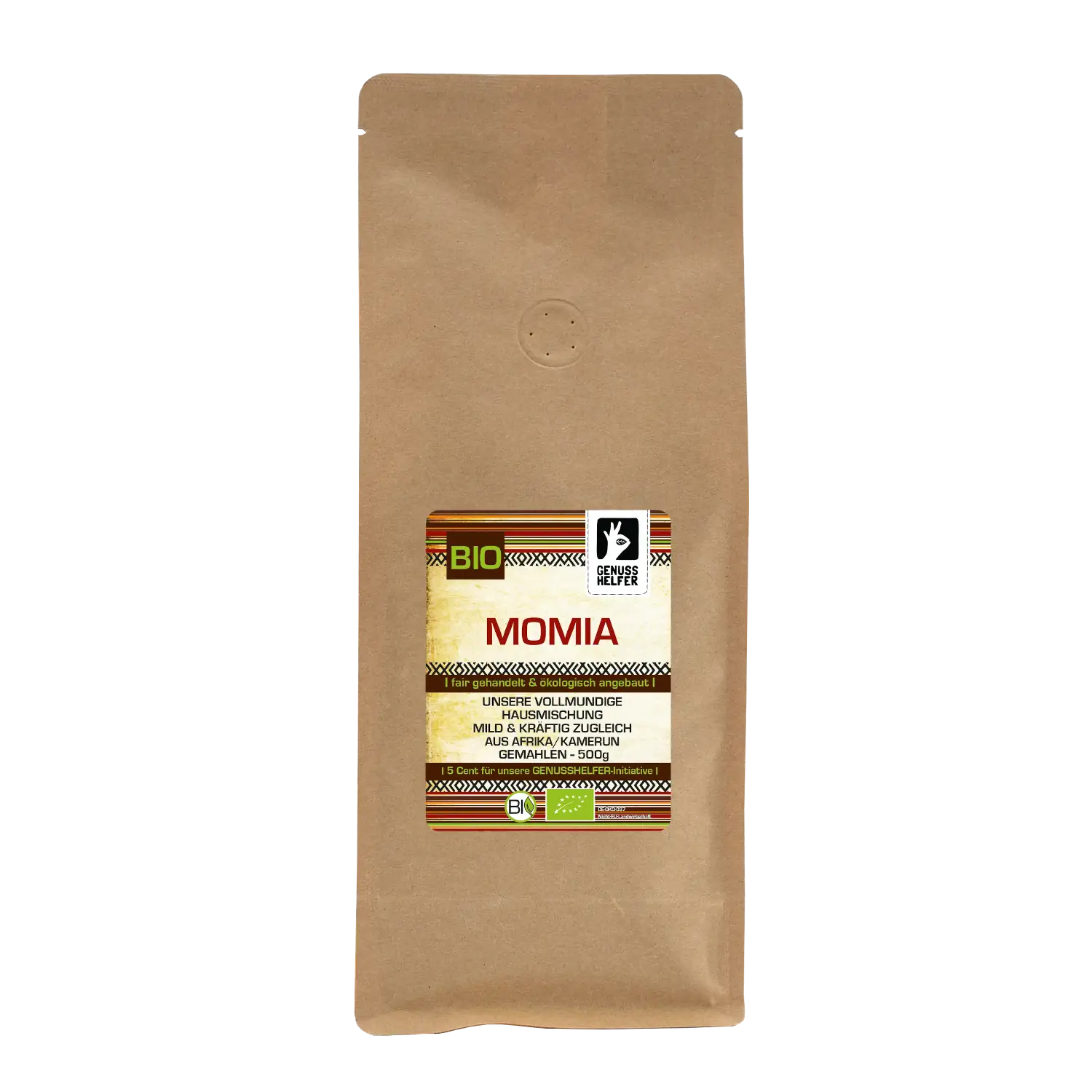 MOMIA Kaffee Hausmischung, vollmundig, BIO, gemahlen, 500g Detailansicht eines 500-g-Beutels mit gemahlenem Kaffee „Momia“