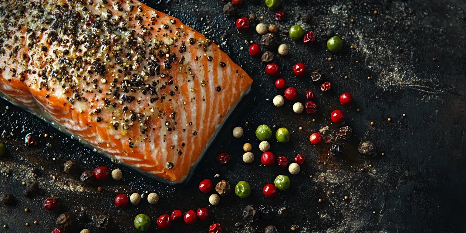 Gegrillter Lachs mit buntem Pfeffer gewürzt serviert