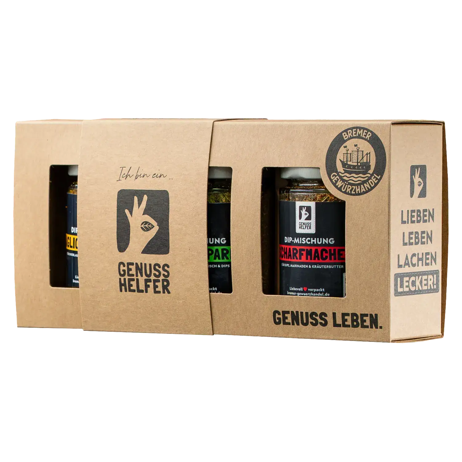 Ansicht des Kartons (Banderole) des 3er-Dip-Sets mit Café de Paris, Scharfmacher & Aglio Speciale