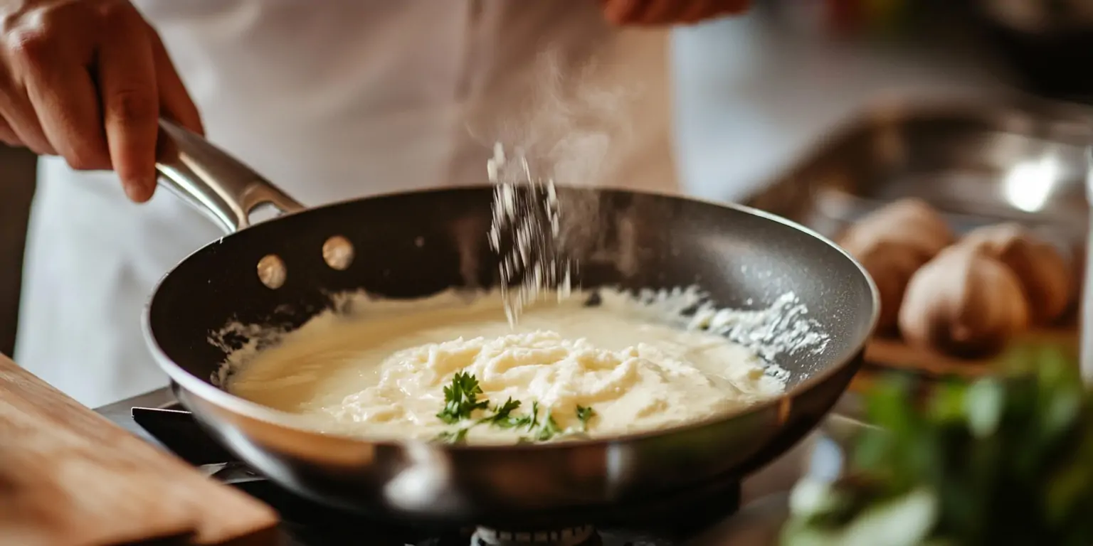 Helle Sauce wird angedickt und cremig gerührt
