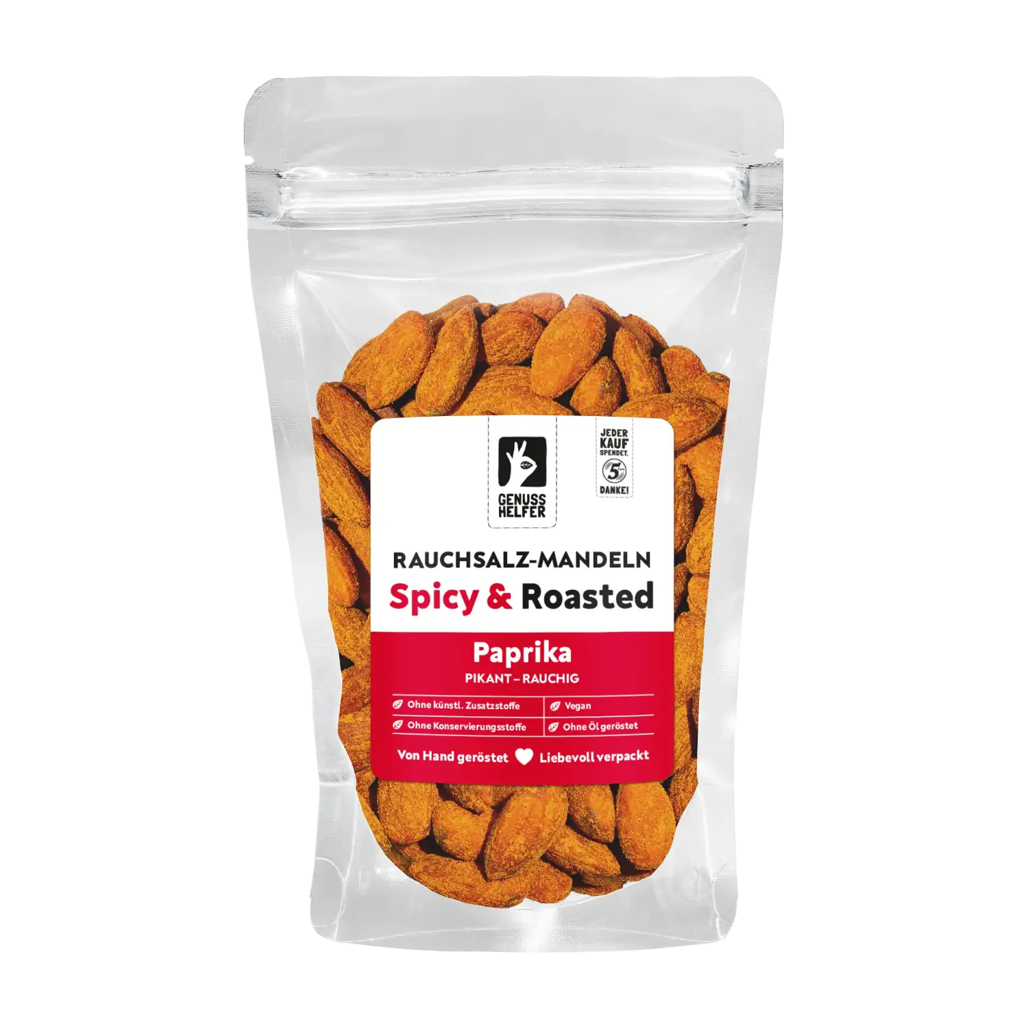Rauchsalz-Mandeln Paprika, geröstet Vorderansicht eines Beutels mit Rauchsalz-Mandeln „Paprika Spicy Roasted“