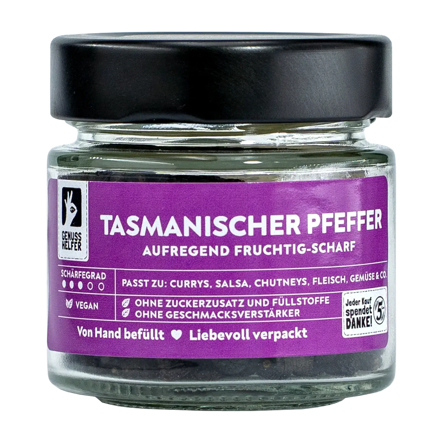 Tasmanischer Pfeffer, ganz, im Glas Vorderansicht eines Glases mit tasmanischem Pfeffer