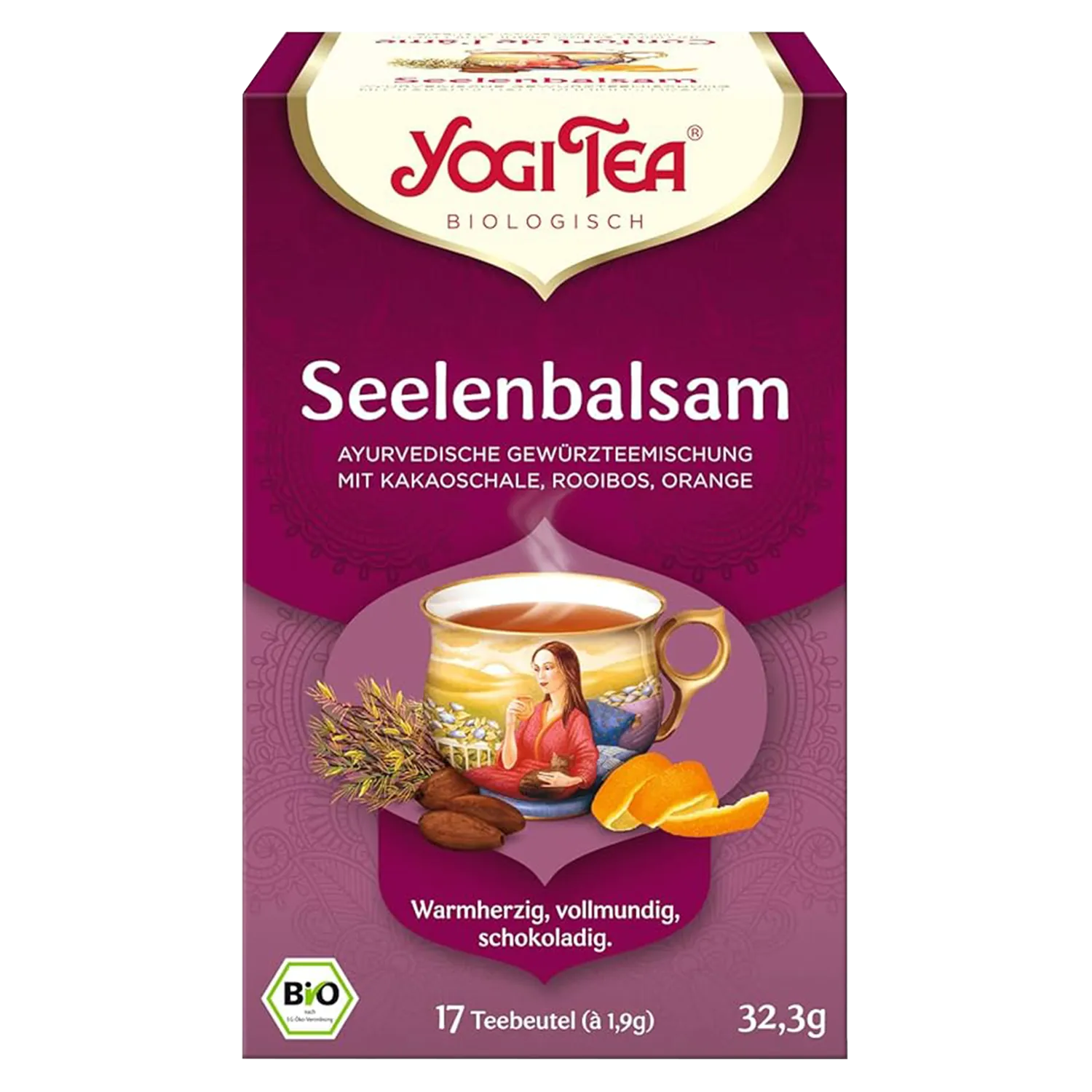 YOGI TEA® Seelenbalsam BIO Vorderansicht einer Pappschachtel mit Bio-Yogi-Tee „Seelenbalsam“