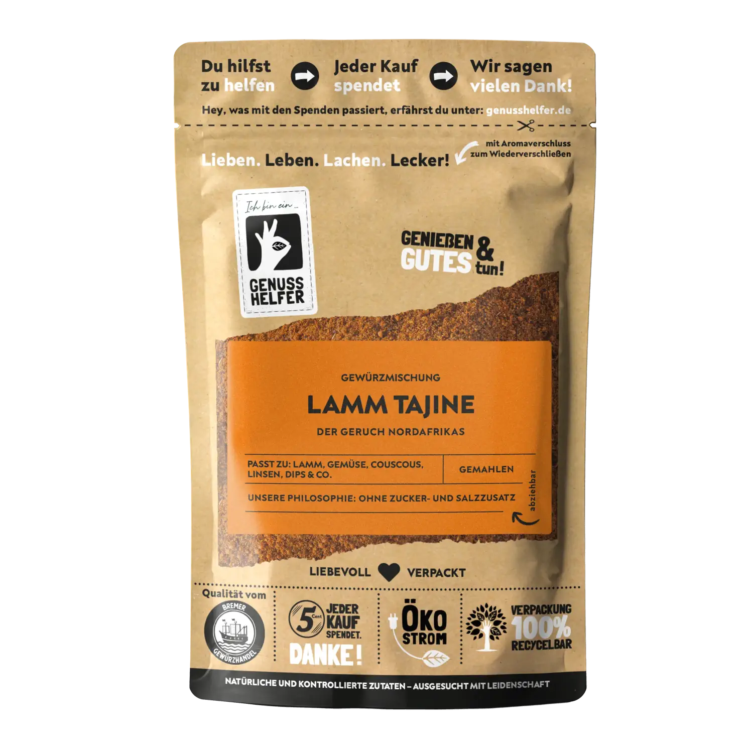 Lamm Tajine, afrikanische Gewürzmischung, gemahlen Vorderansicht eines Beutels mit Lamm-Tajine Gewürzmischung