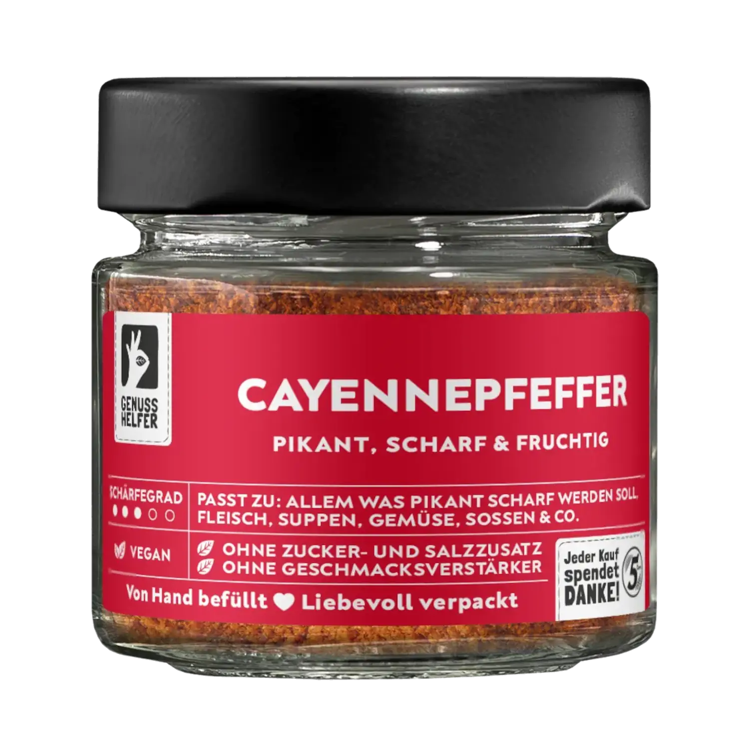 Cayennepfeffer, gemahlen, im Glas Vorderansicht eines Glases mit gemahlenem Cayennepfeffer