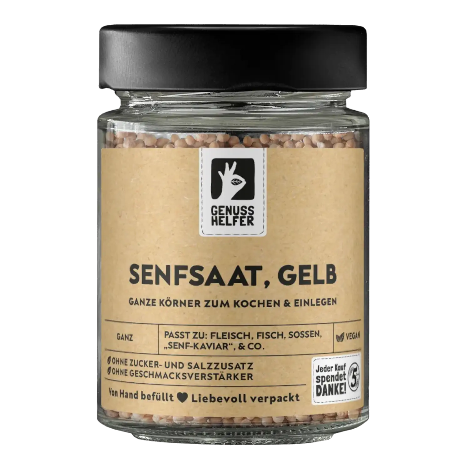 Senfkörner gelb, ganz, im Glas Vorderansicht eines Glases mit gelben Senfkörnern