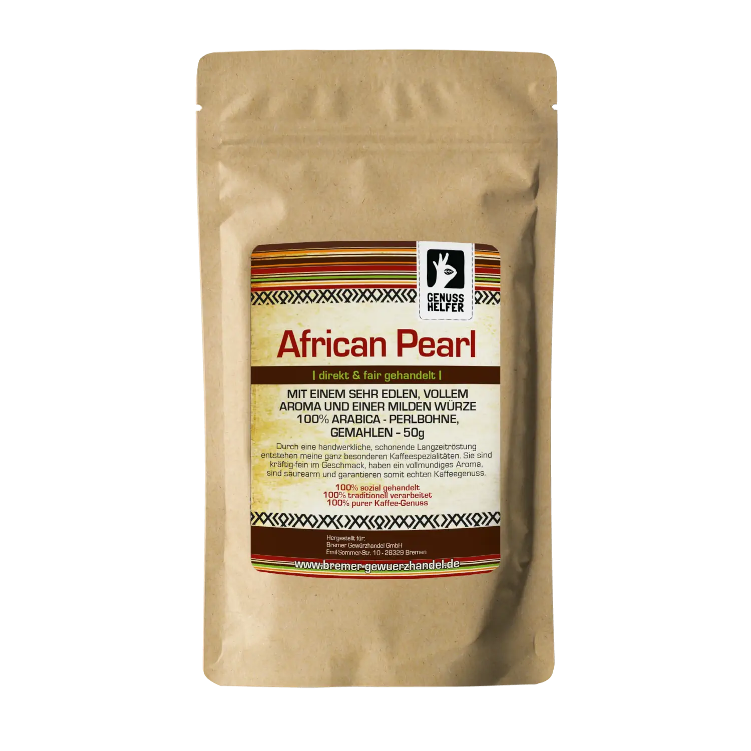 African Pearl Kaffee, gemahlen, 50 g Vorderansicht eines 50-g-Beutels Kaffee „African Pearl“, gemahlen
