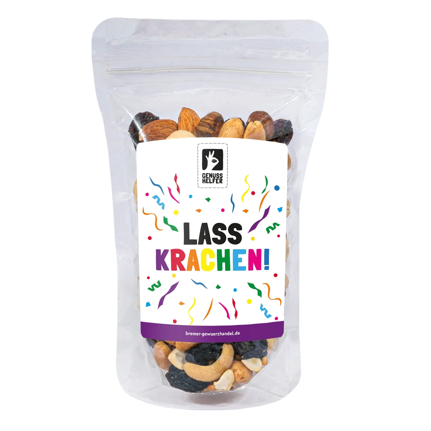 Nuss-Frucht-Mischung „Lass krachen!“ in einem Glas mit individualisierbarem Etikett