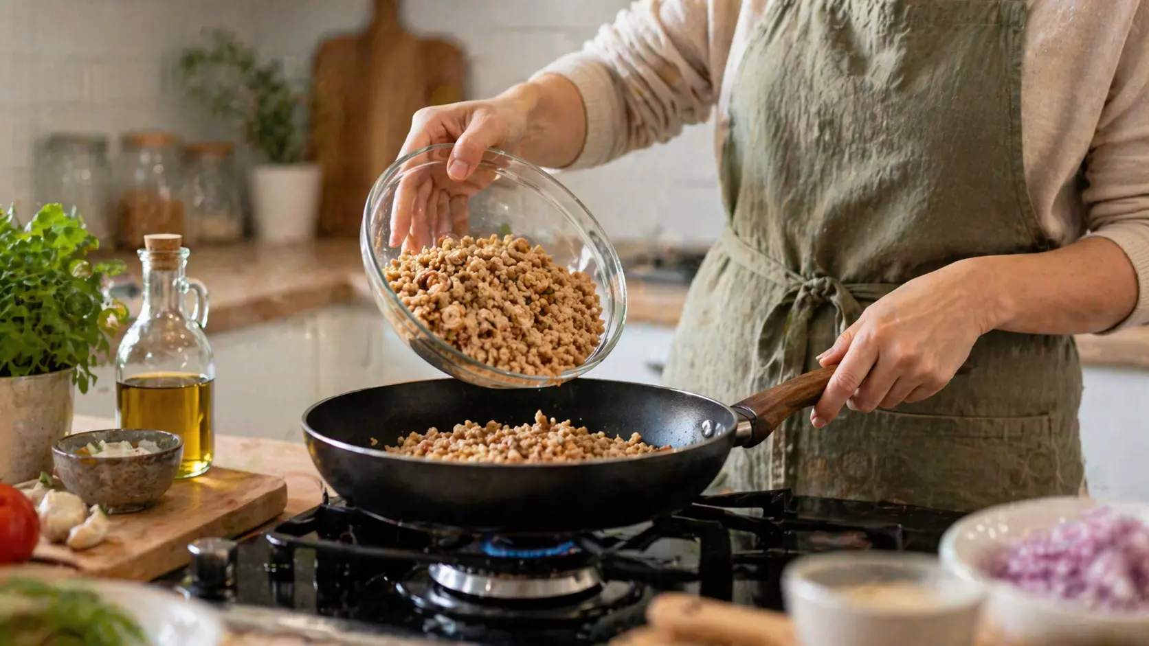 Fleischersatz Kategorie kochen Sojageschnetzel Sojagranulat Moodbild