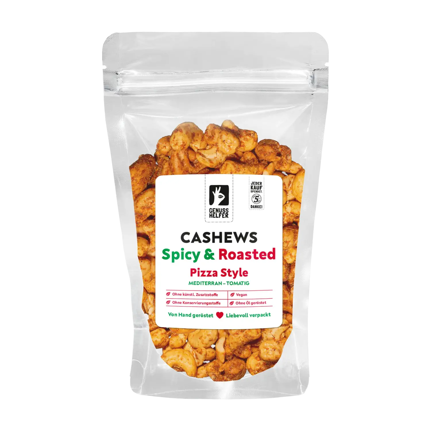 Cashews Pizza-Style, geröstet & gewürzt Vorderansicht eines Beutels mit Cashewkernen „Pizza-Style Spicy Roasted“
