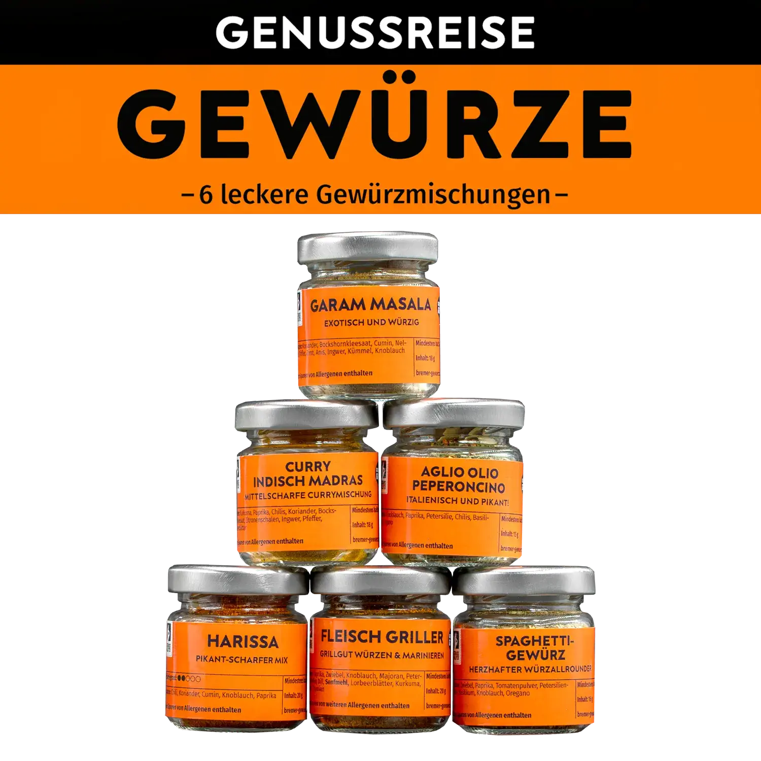 Genussreise Gewürze, 6 Tlg. Zusammenstellung von Gläsern mit verschiedenen Gewürzen aus der Genussreise
