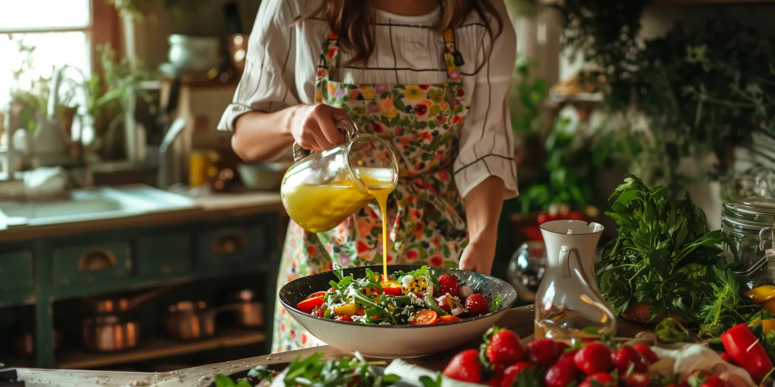 Frau gießt Salatdressing über einen frischen Sommersalat in der Küche